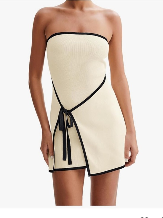 Meshki Dresses & Skirts - Cream Strapless Mini Dress with Black Trim